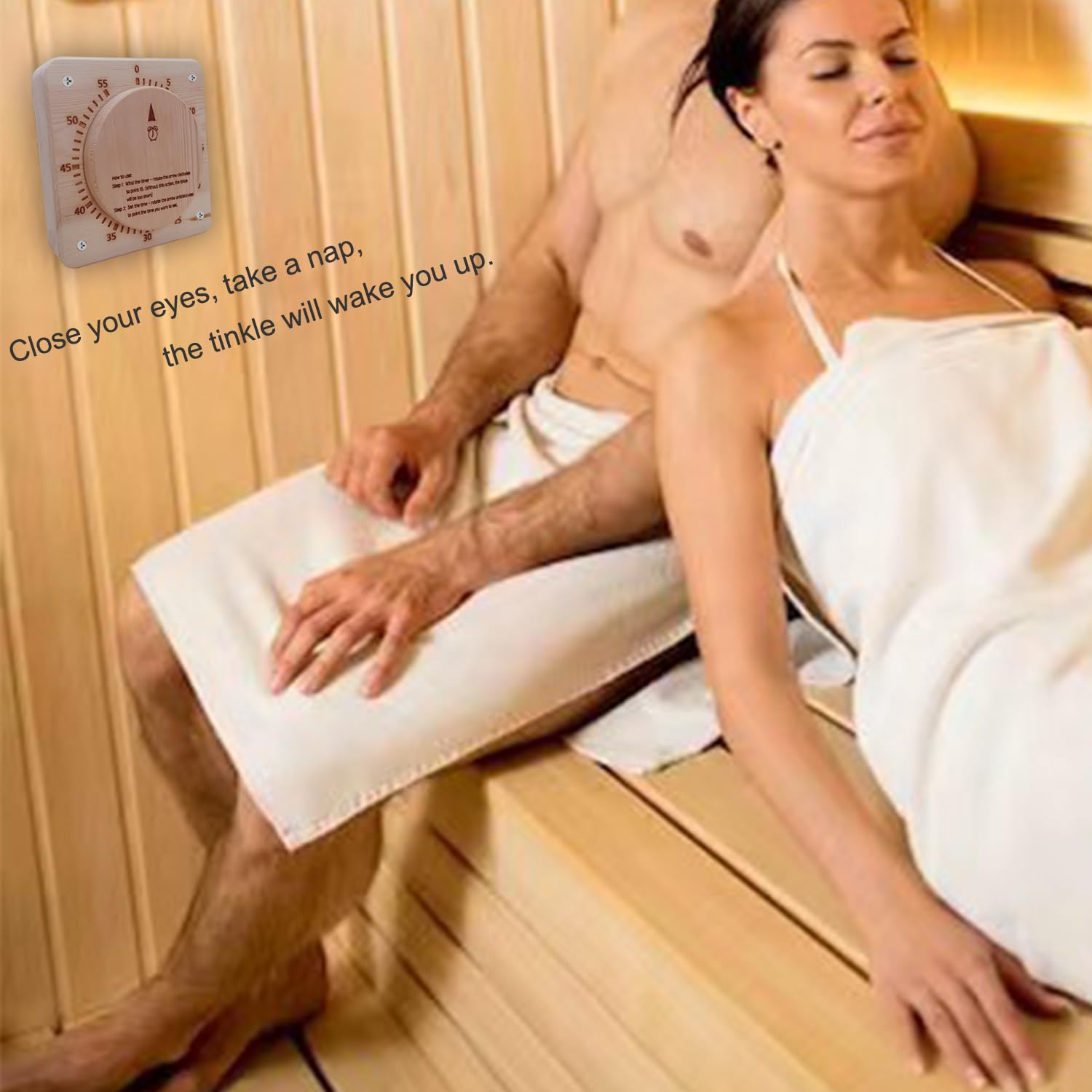 NUIBY sauna timer in use with visible dial and audible alarm in a spa.