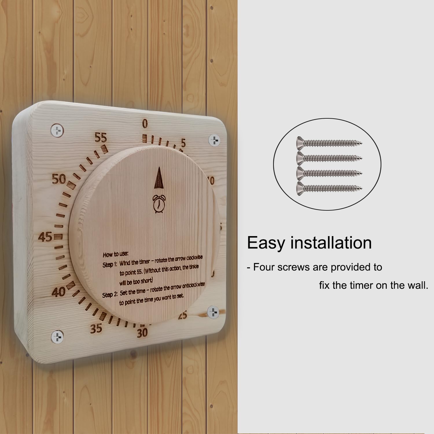 NUIBY Battery-Free sauna timer alarm display visible from across the room.