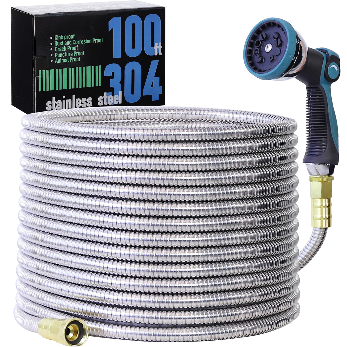 Numwot 100ft garden hose with stainless steel shell for durable outdoor use.