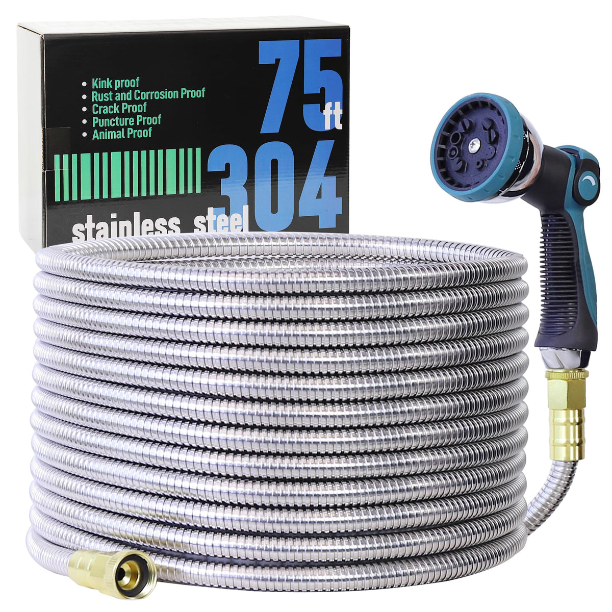 Numwot 75ft garden hose stainless steel coil for durable outdoor watering.