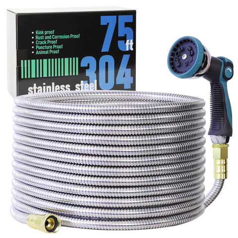 Numwot 75ft garden hose stainless steel coil for durable outdoor watering.