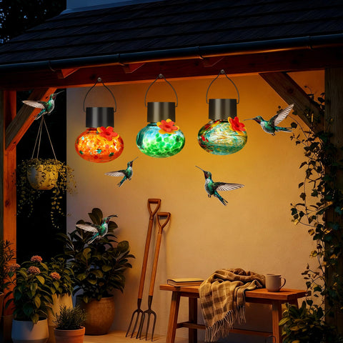 Nuogo blown glass hummingbird feeder style-3 offers three colors for variety.