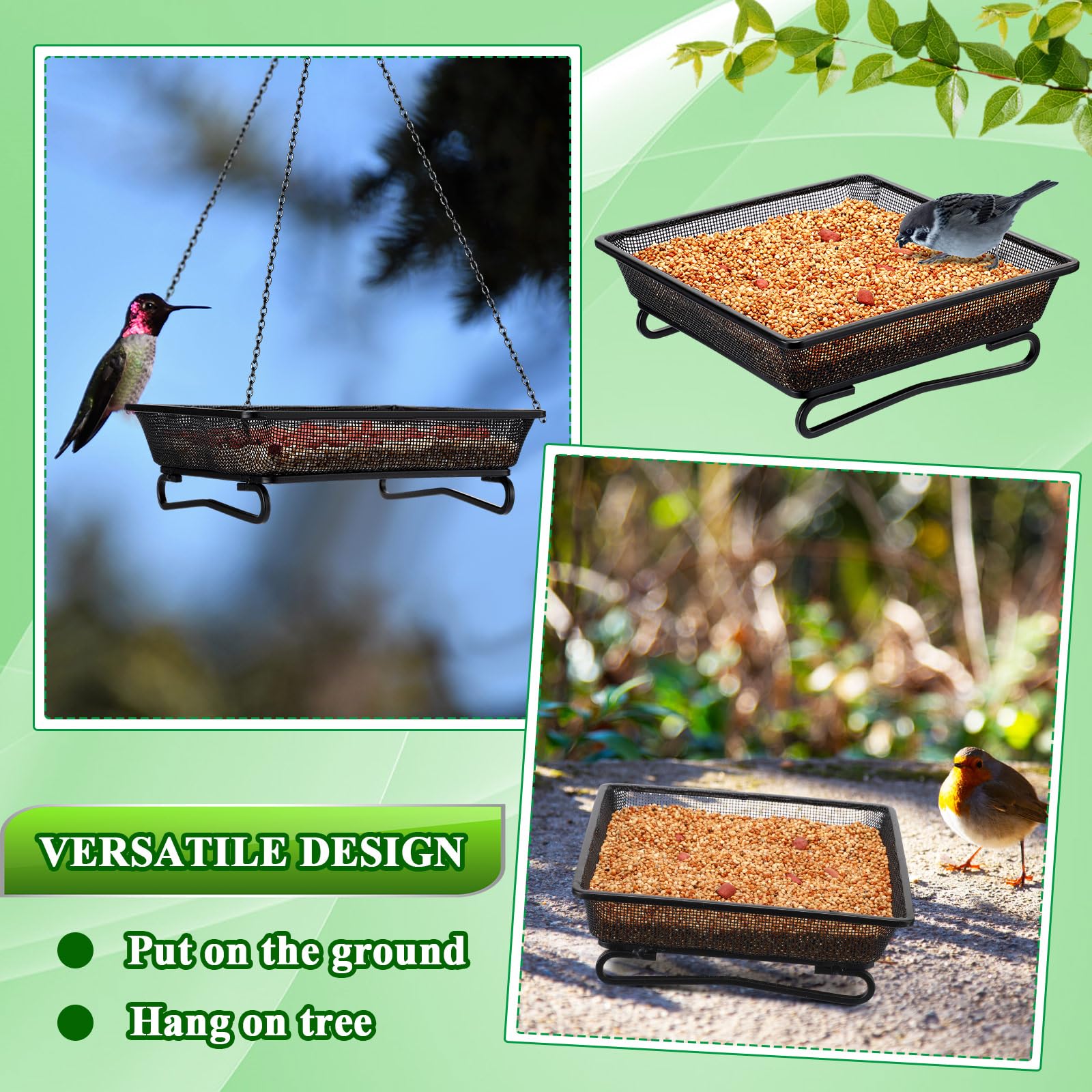 Nuogo ground tray features mesh design for quick seed drainage and dry, fresh feed