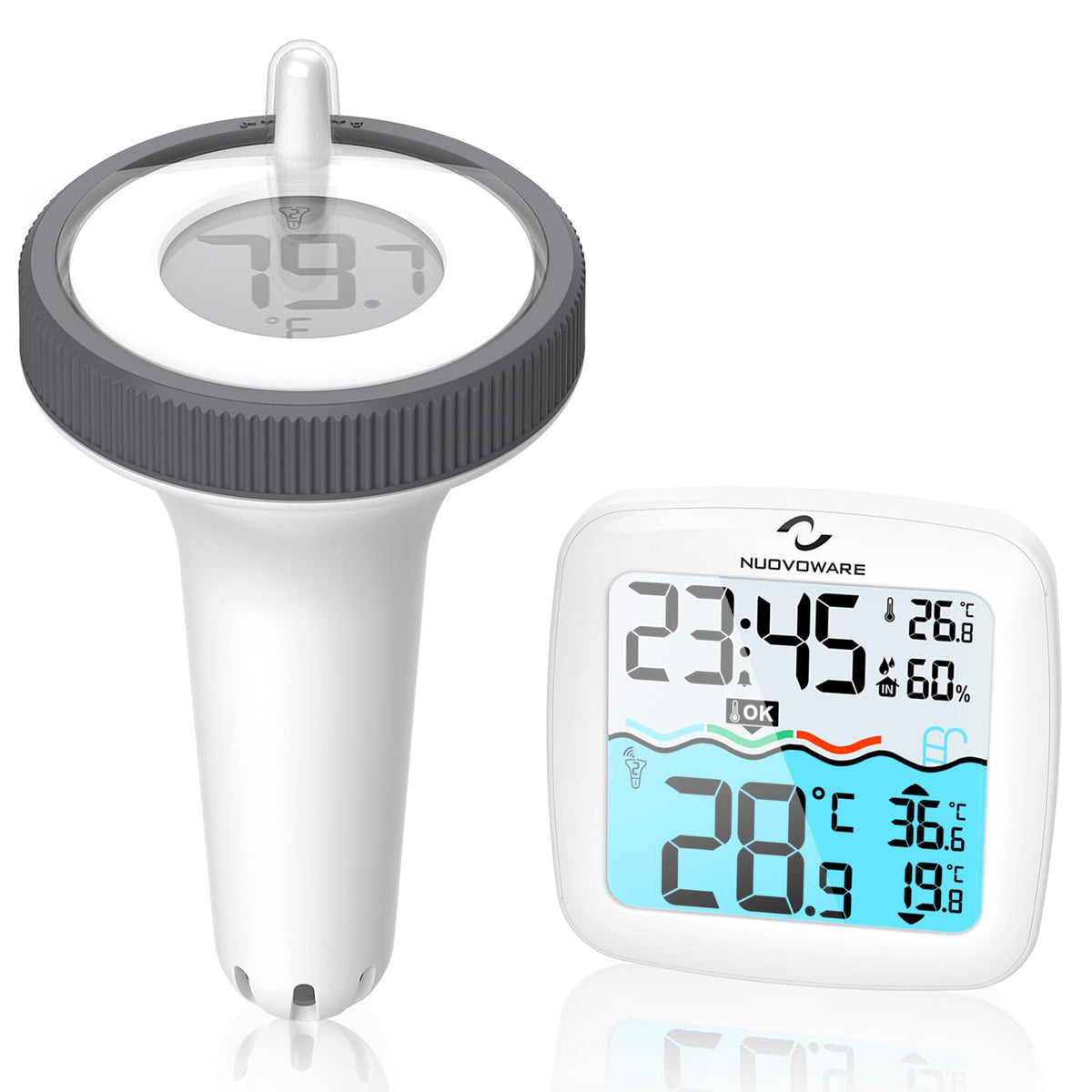 Nuovoware digital floating pool thermometer display shows clear water temperature readings