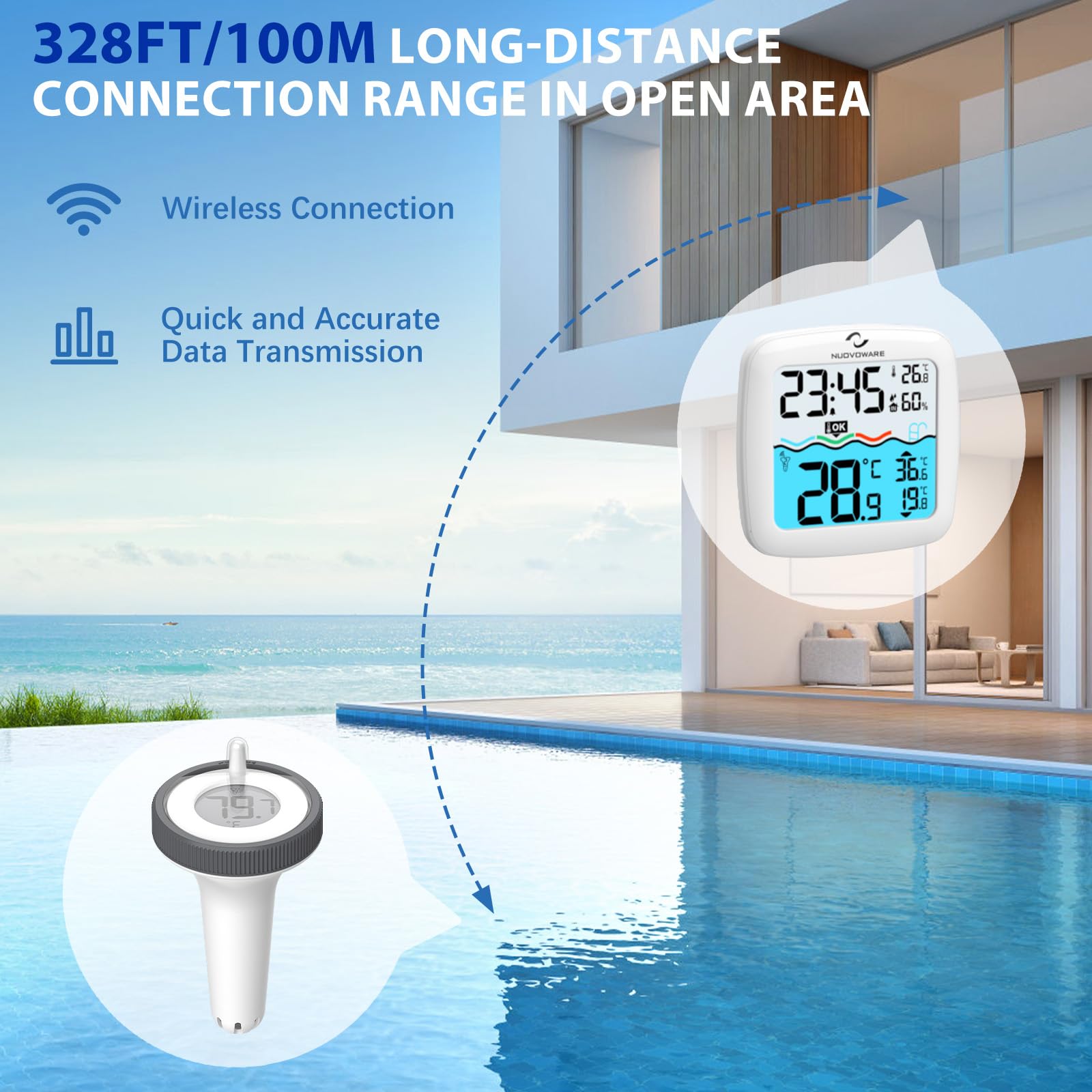 Nuovoware pool thermometer wireless range lets you monitor from indoors