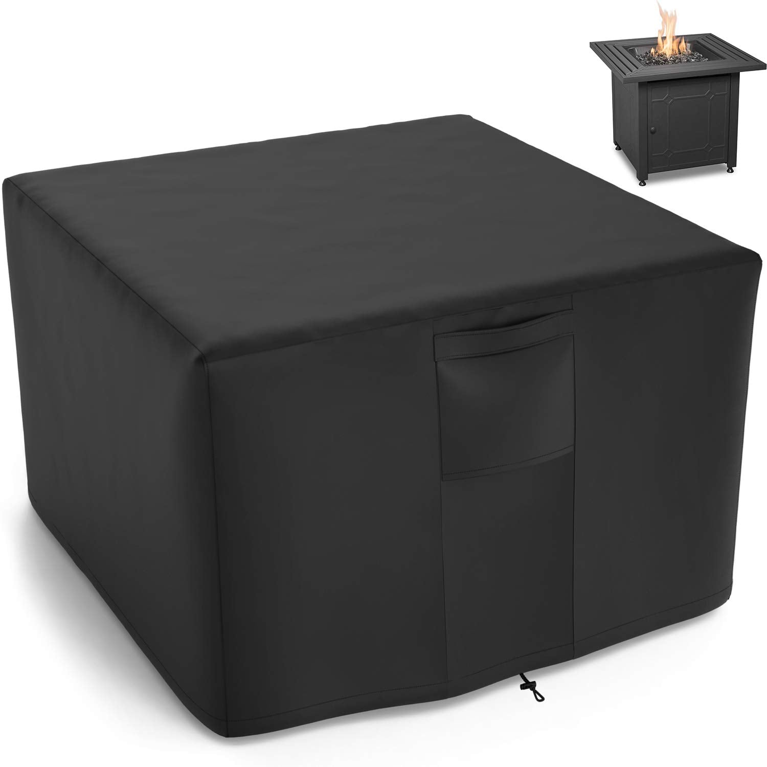 NUPICK 30-inch square fire pit cover on patio protects a propane pit from rain.