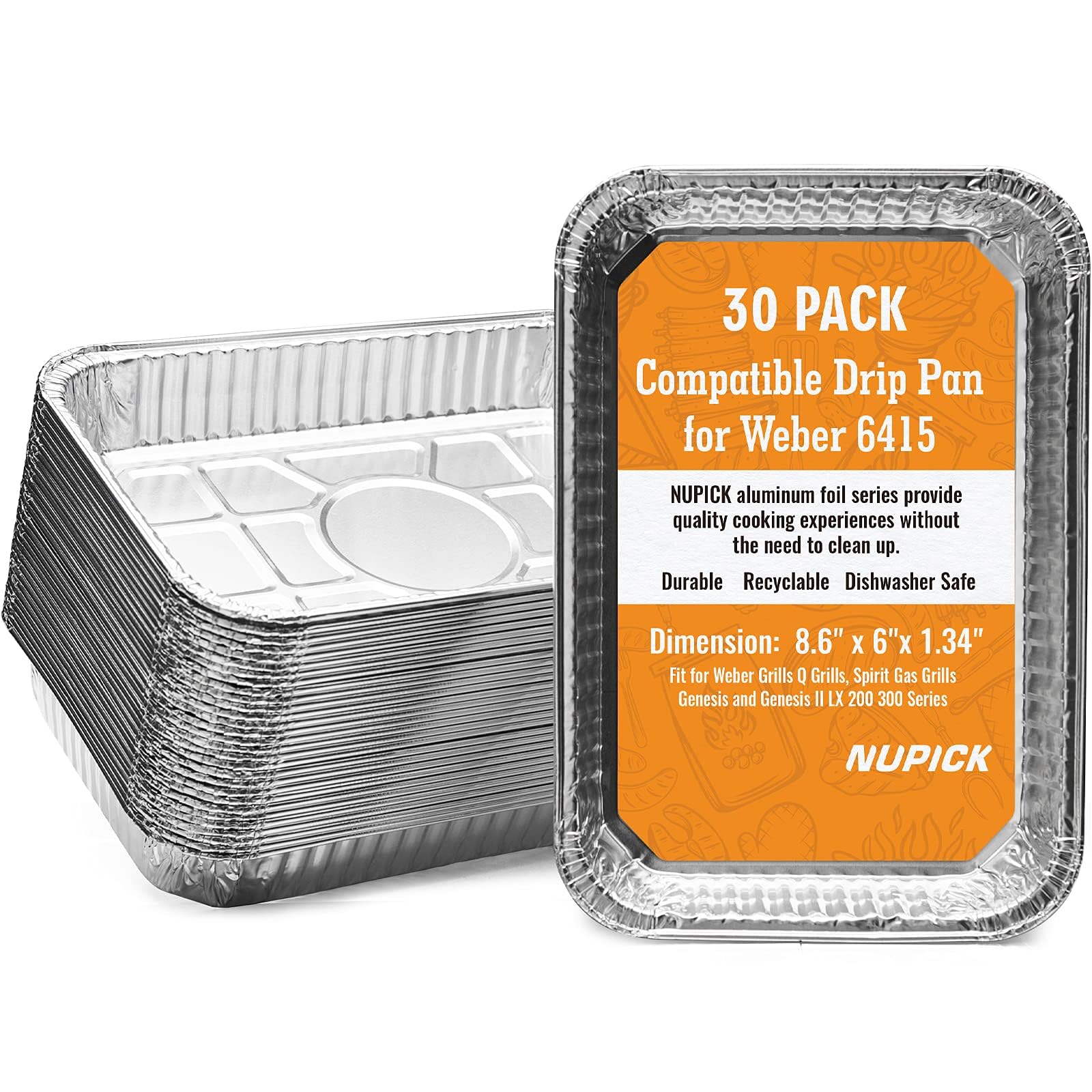 NUPICK 30-pack drip pans fit Weber grills and simplify cleanup with non-stick coating.