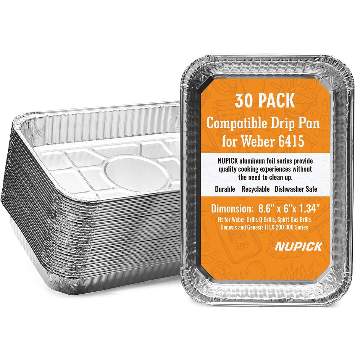 NUPICK 30-pack drip pans fit Weber grills and simplify cleanup with non-stick coating.
