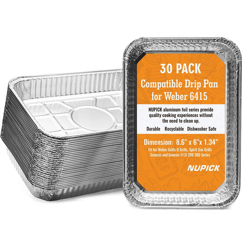 NUPICK 30-pack drip pans fit Weber grills and simplify cleanup with non-stick coating.