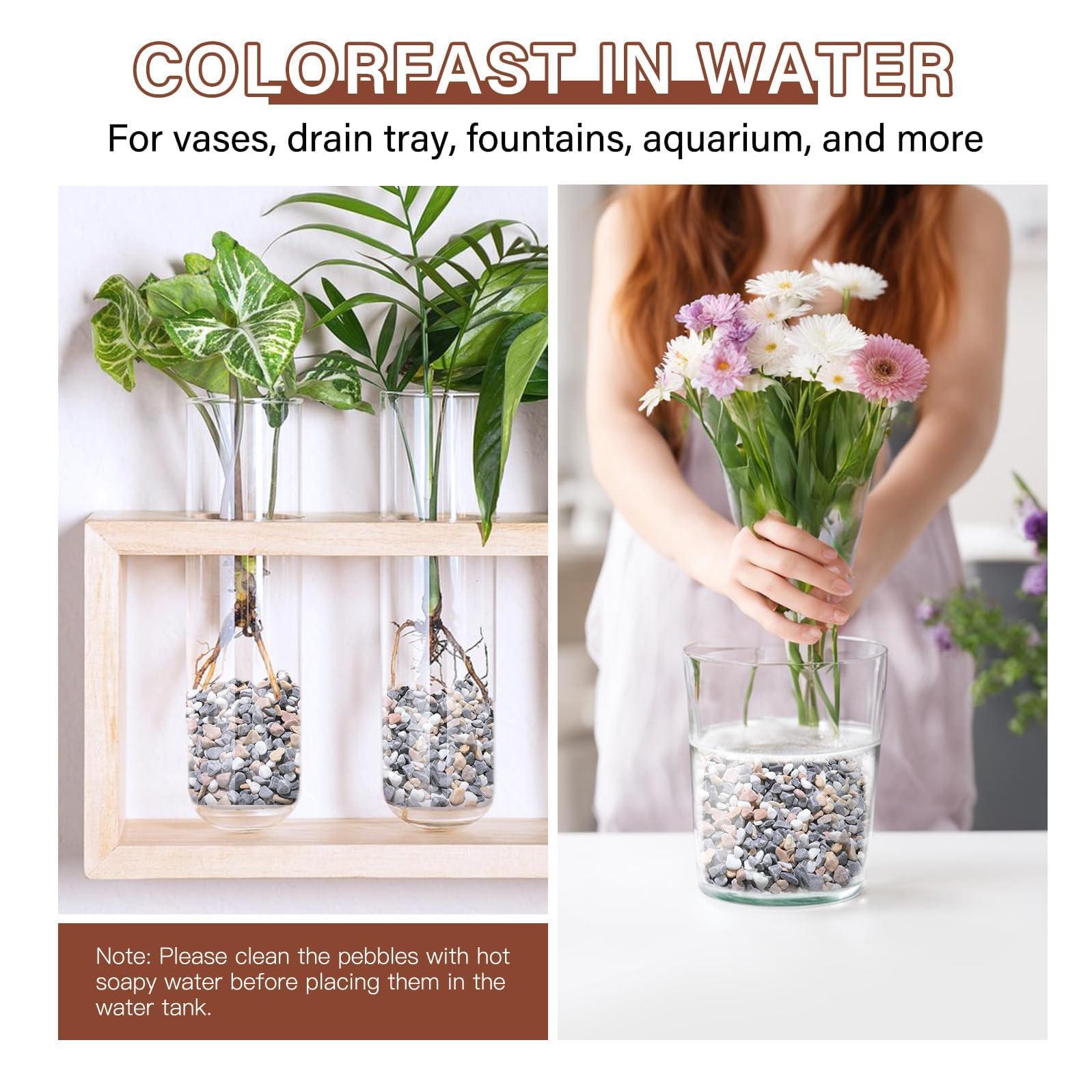 NUPICK pebbles in a flower vase showing long lasting color and easy maintenance
