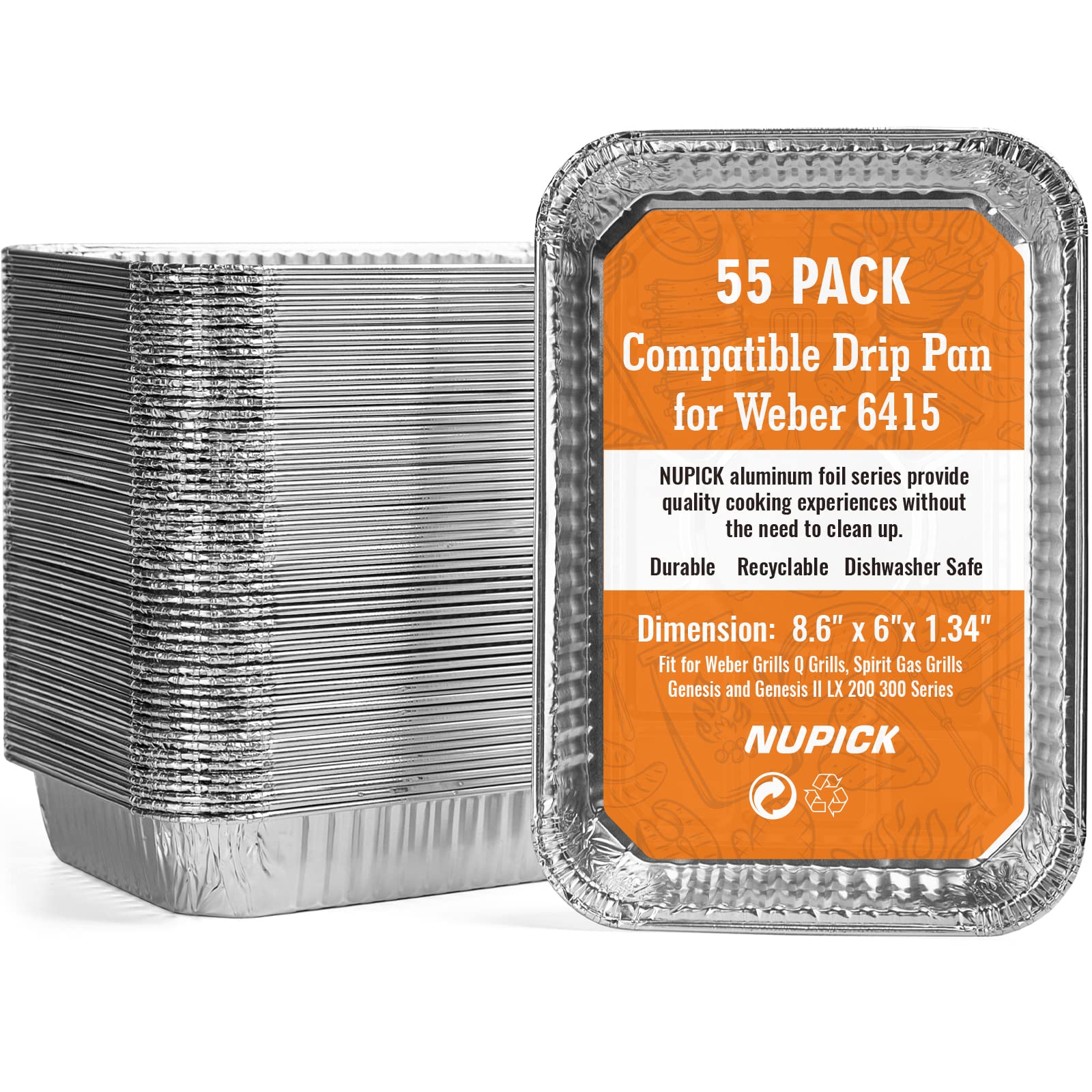 NUPICK 55-pack drip pans base dimensions for precise fit and mess containment.