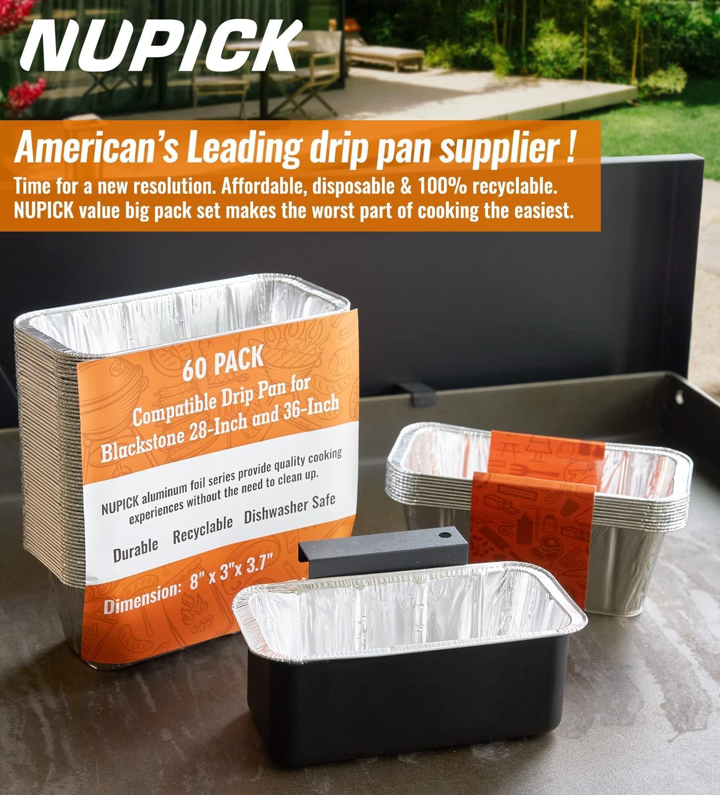 NUPICK 60-pack grease pans, long-lasting liners for daily grilling.