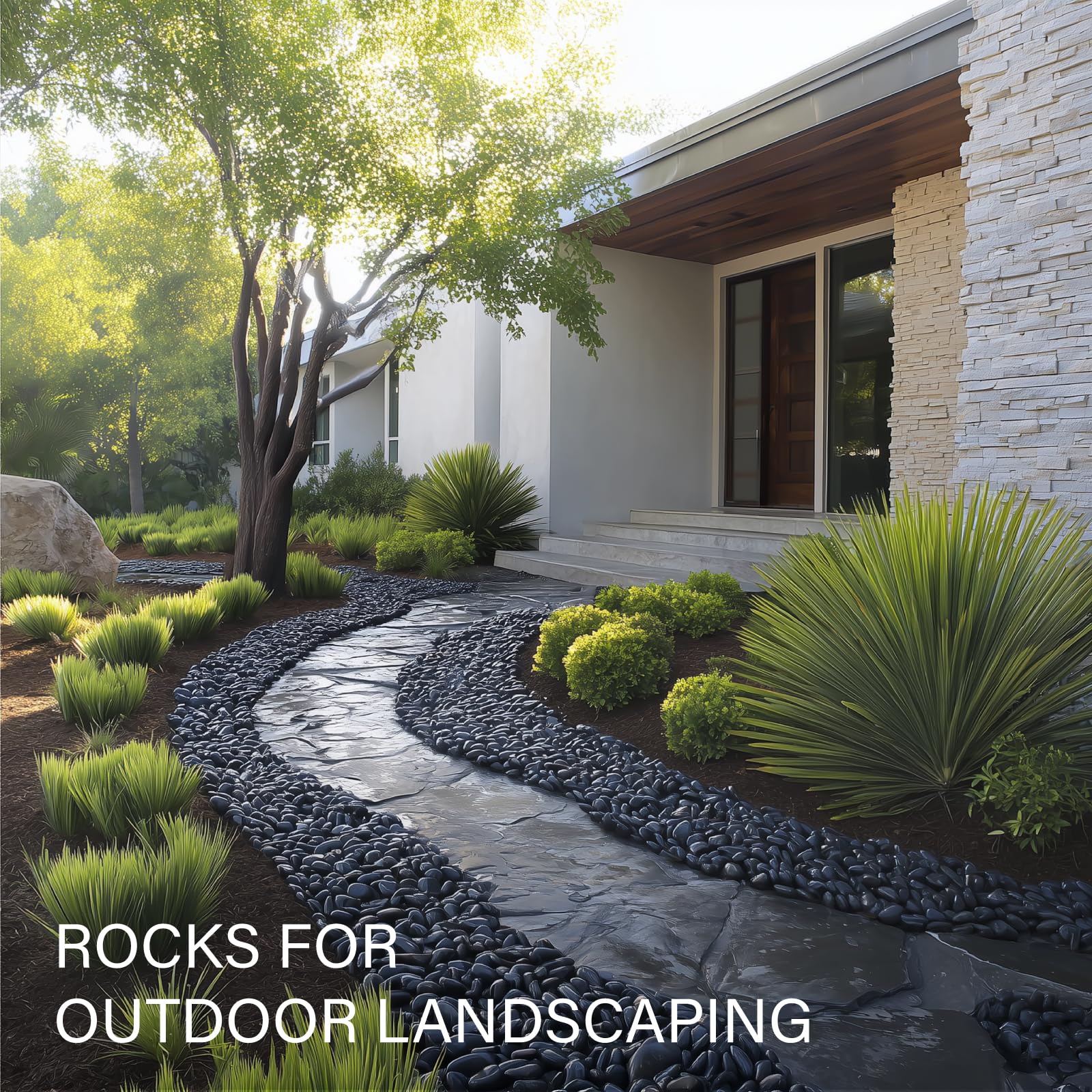 NUPICK Black River Rocks with succulents and bonsai for visual contrast.