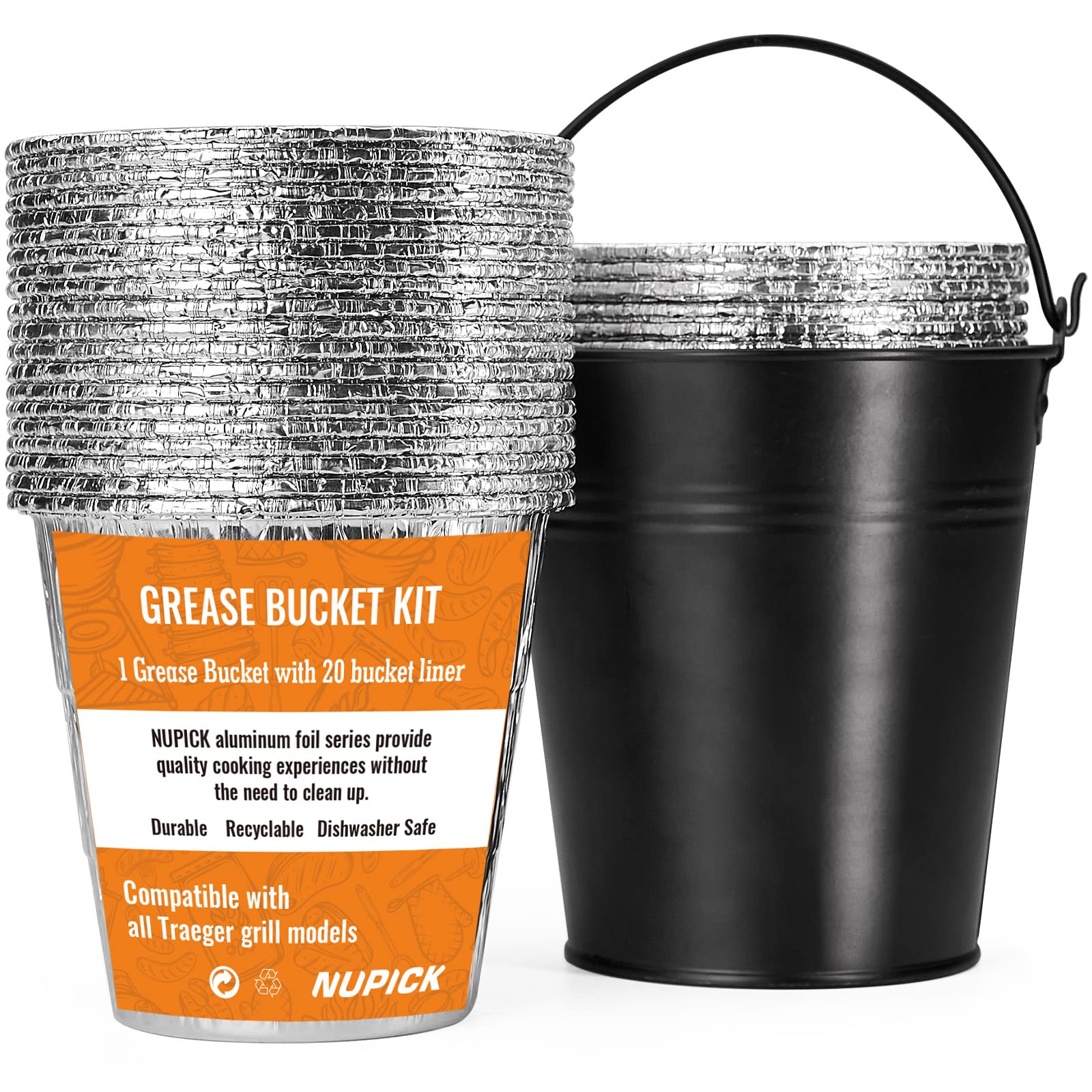 NUPICK grease bucket liner kit with a durable galvanized steel bucket for Traeger grills.