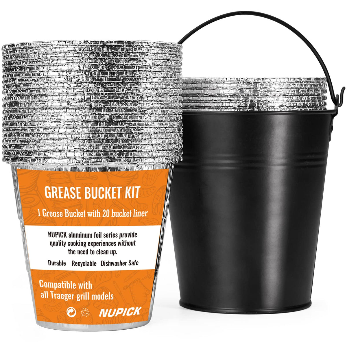 NUPICK grease bucket liner kit with a durable galvanized steel bucket for Traeger grills.