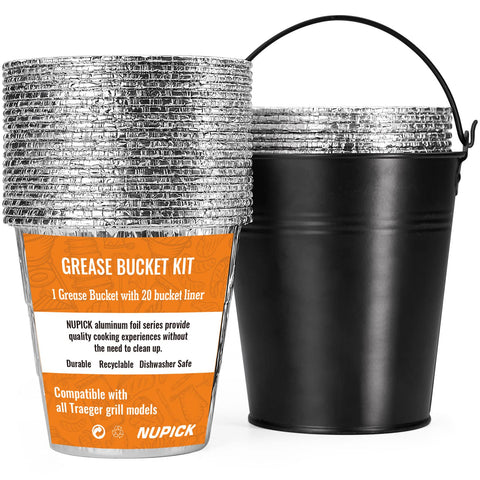NUPICK grease bucket liner kit with a durable galvanized steel bucket for Traeger grills.