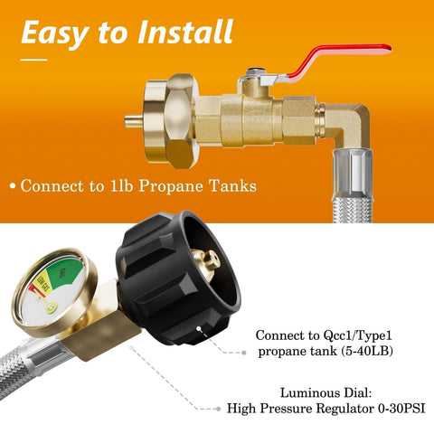 NUPICK propane refill adapter close up of ON/OFF valve for secure control.