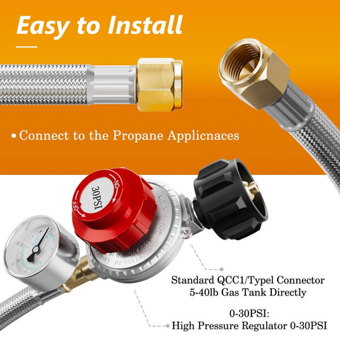 NUPICK 12ft hose attached to propane regulator for flexible setup.