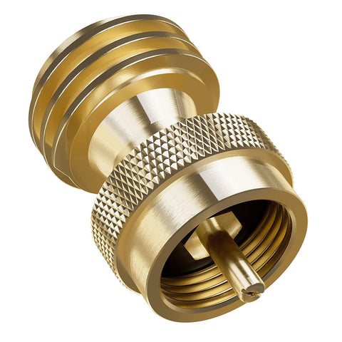 NUPICK brass propane adapter attached to a 1 lb cylinder for grill hookup.