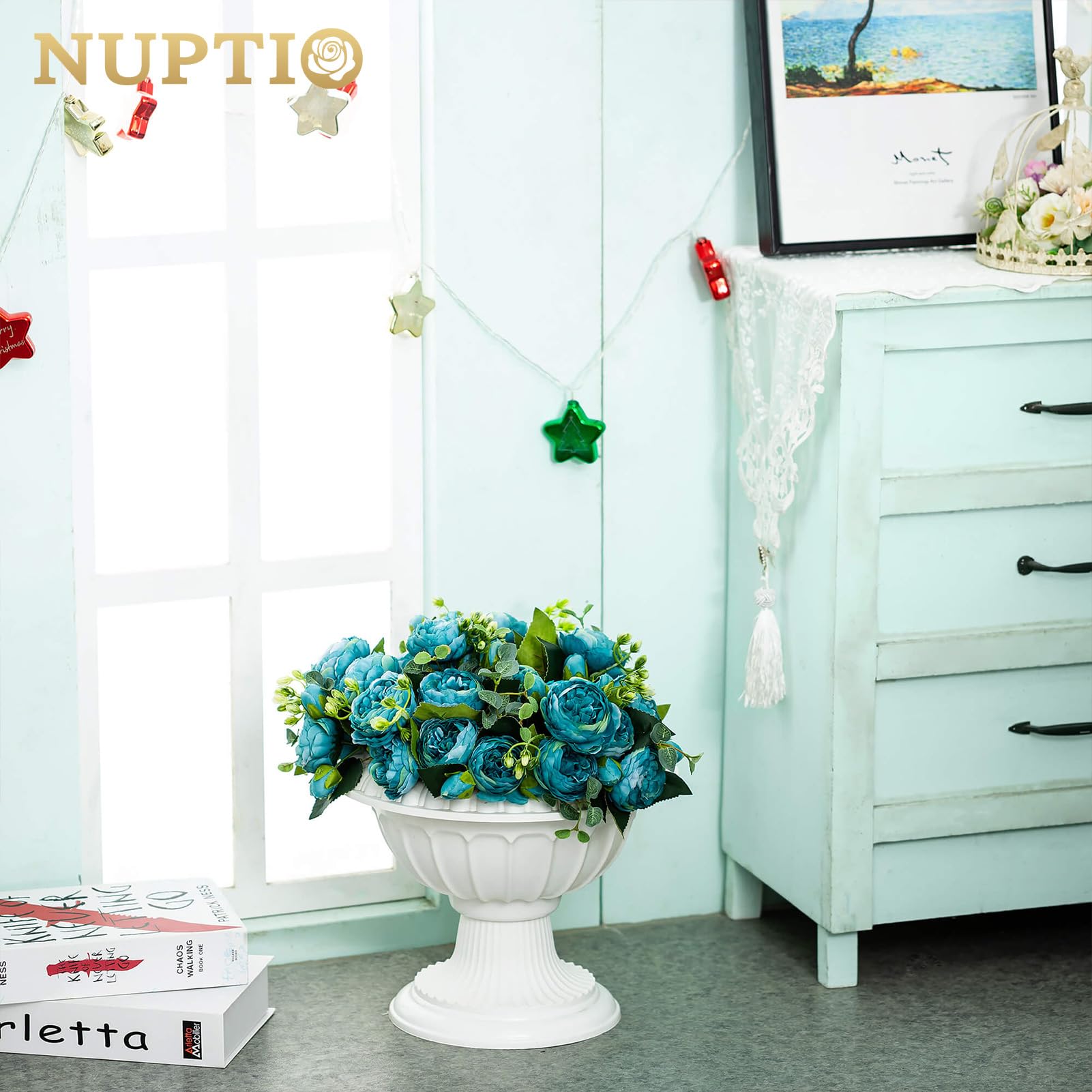 NUPTIO urn planter with silk hydrangea display for wedding or home decor