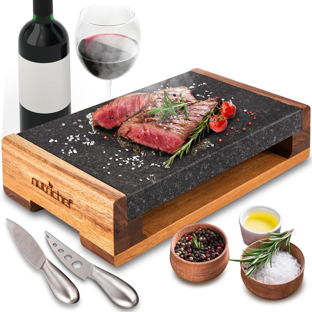 NutriChef lava stone slab plate highlights sizzling steaks and high heat retention.