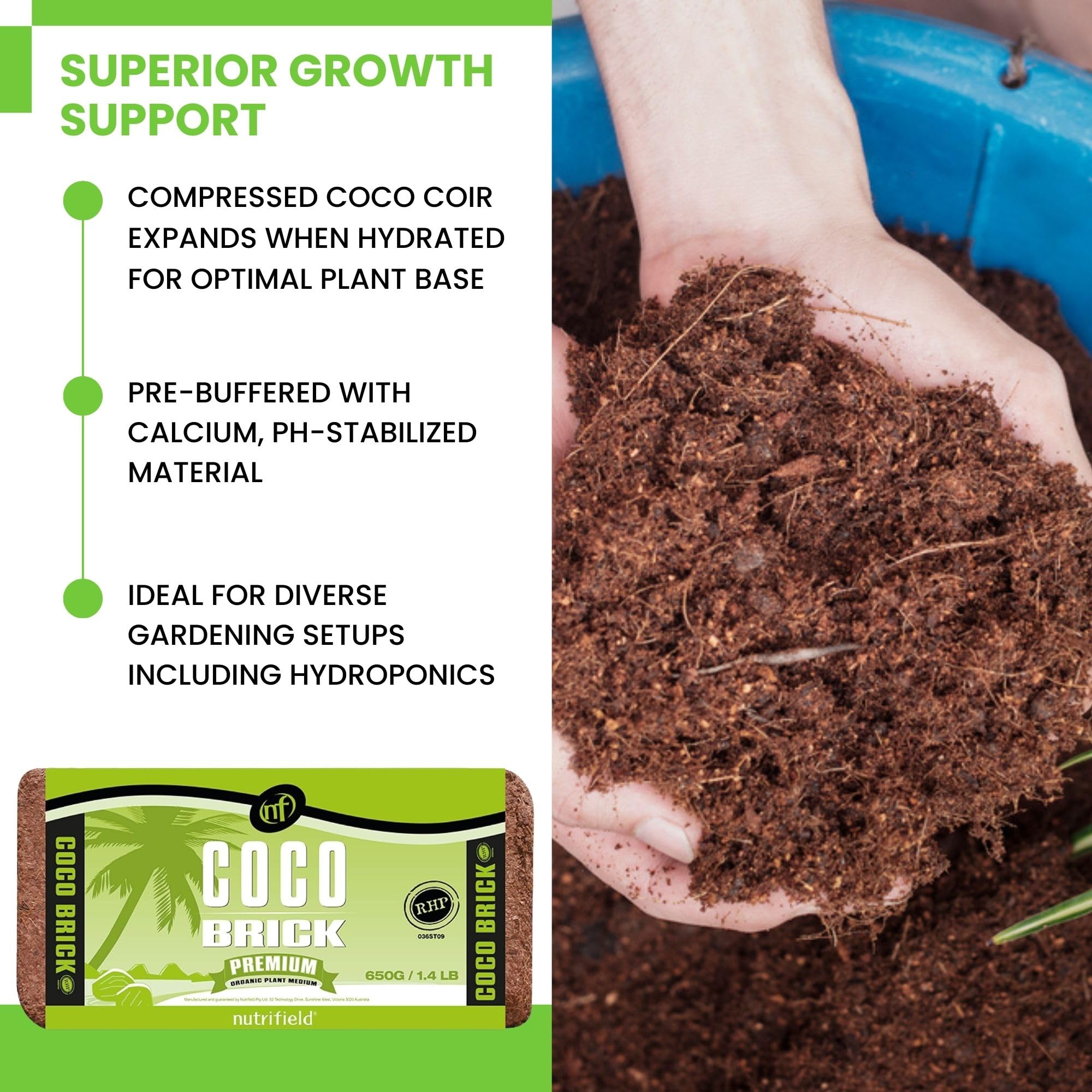 Nutrifield Coco Coir Brick pre-buffered with calcium for stable pH