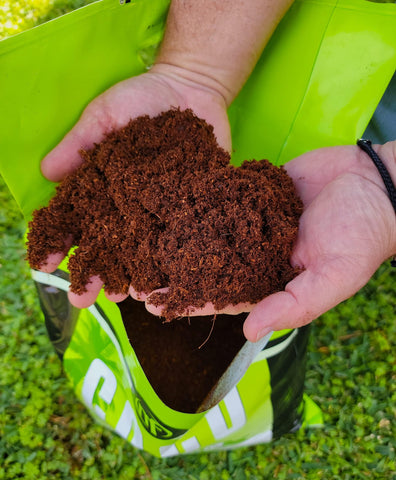 NUTRIFIELD calcium-washed coco coir in bag, pre-buffered for stable pH.
