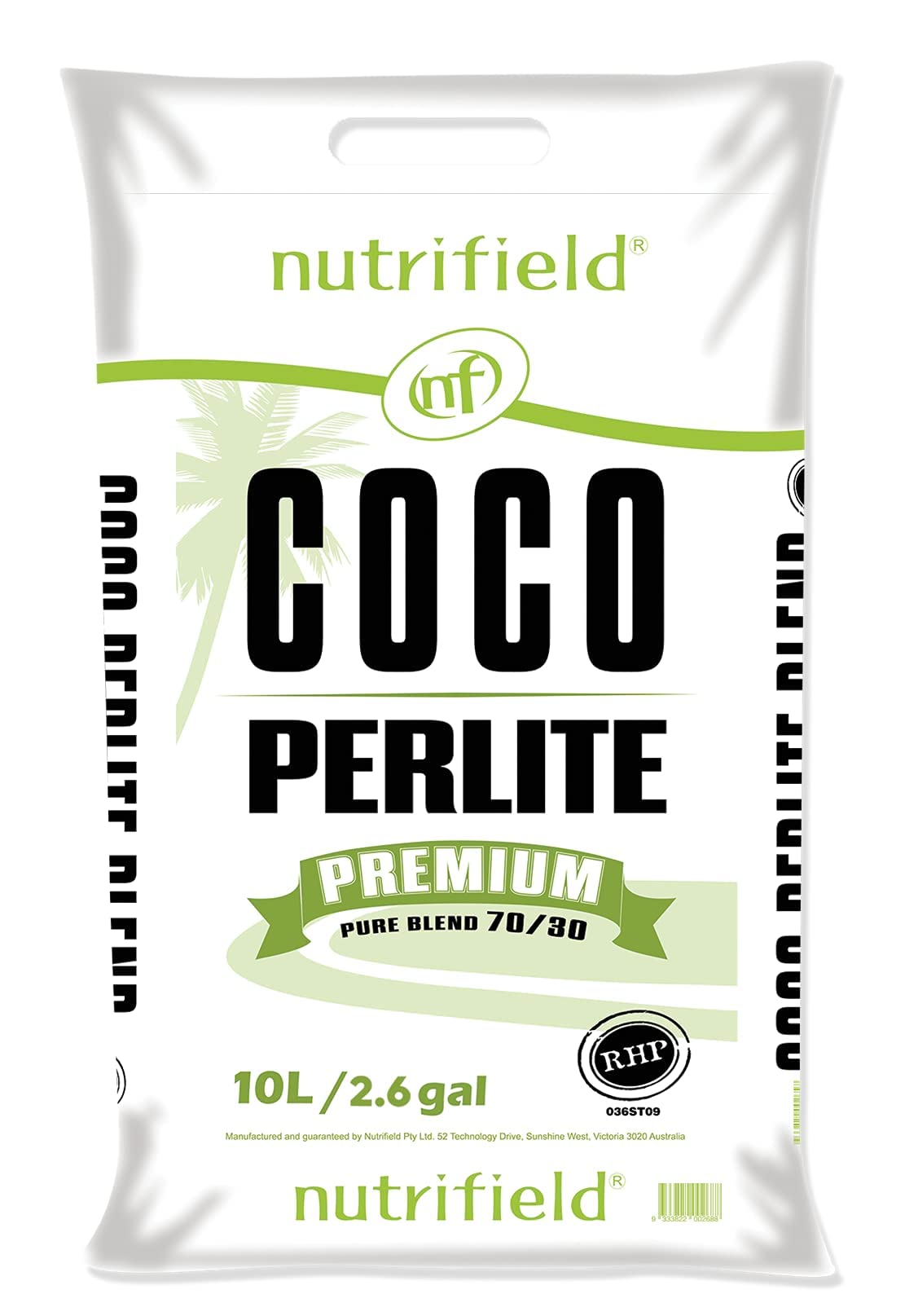 Nutrifield coco coir-perlite mix bag closeup shows moisture-retention texture.