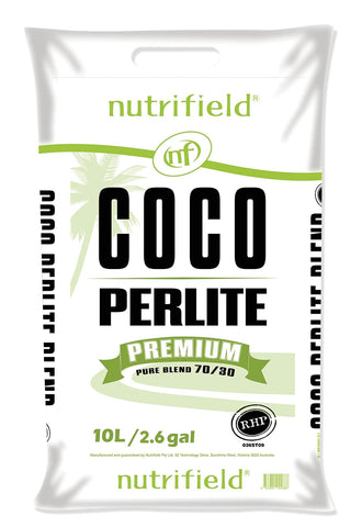 Nutrifield coco coir-perlite mix bag closeup shows moisture-retention texture.
