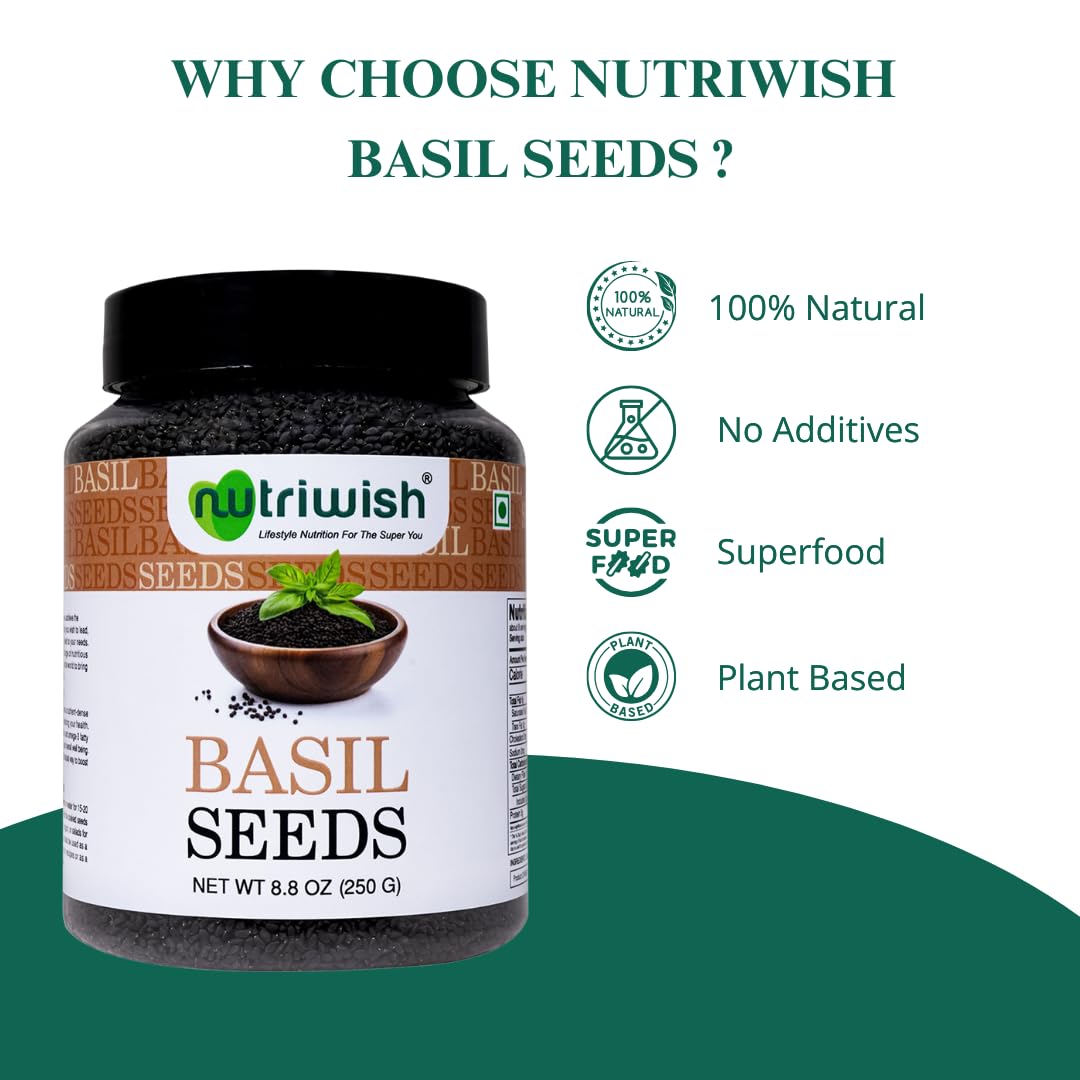 Nutriwish basil seeds packaging in a 250 g jar