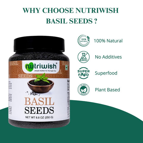 Nutriwish basil seeds packaging in a 250 g jar