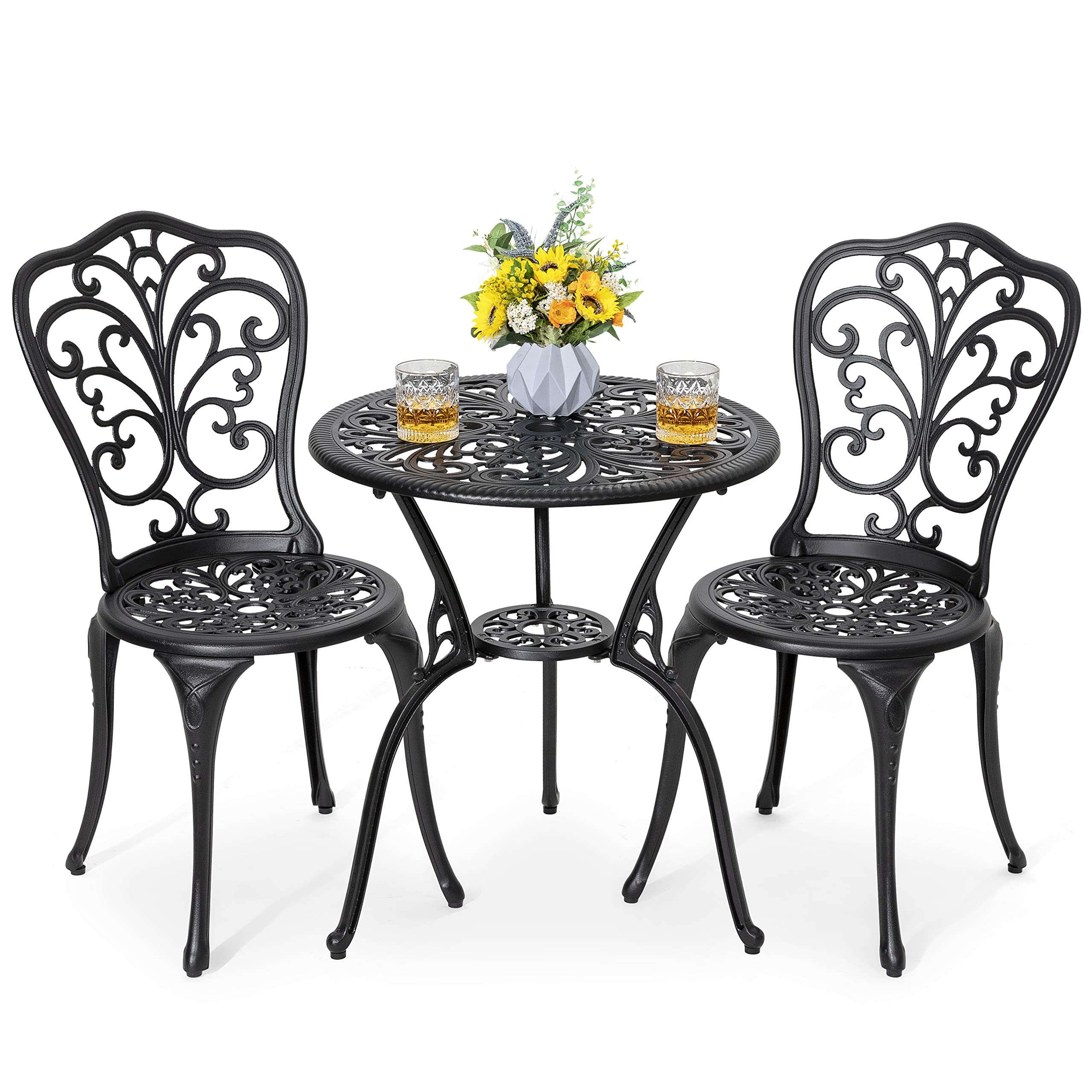 NUU GARDEN 3-Piece Bistro Set in black with umbrella hole viewed from above