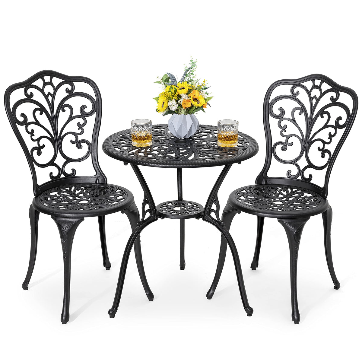 NUU GARDEN 3-Piece Bistro Set in black with umbrella hole viewed from above