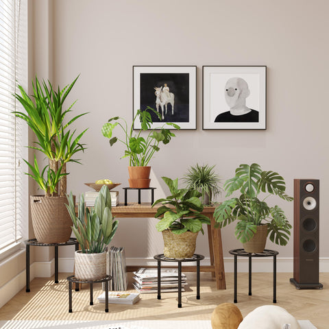 NUZZERO metal plant stand assembly shows easy setup with three legs and no extra tools.