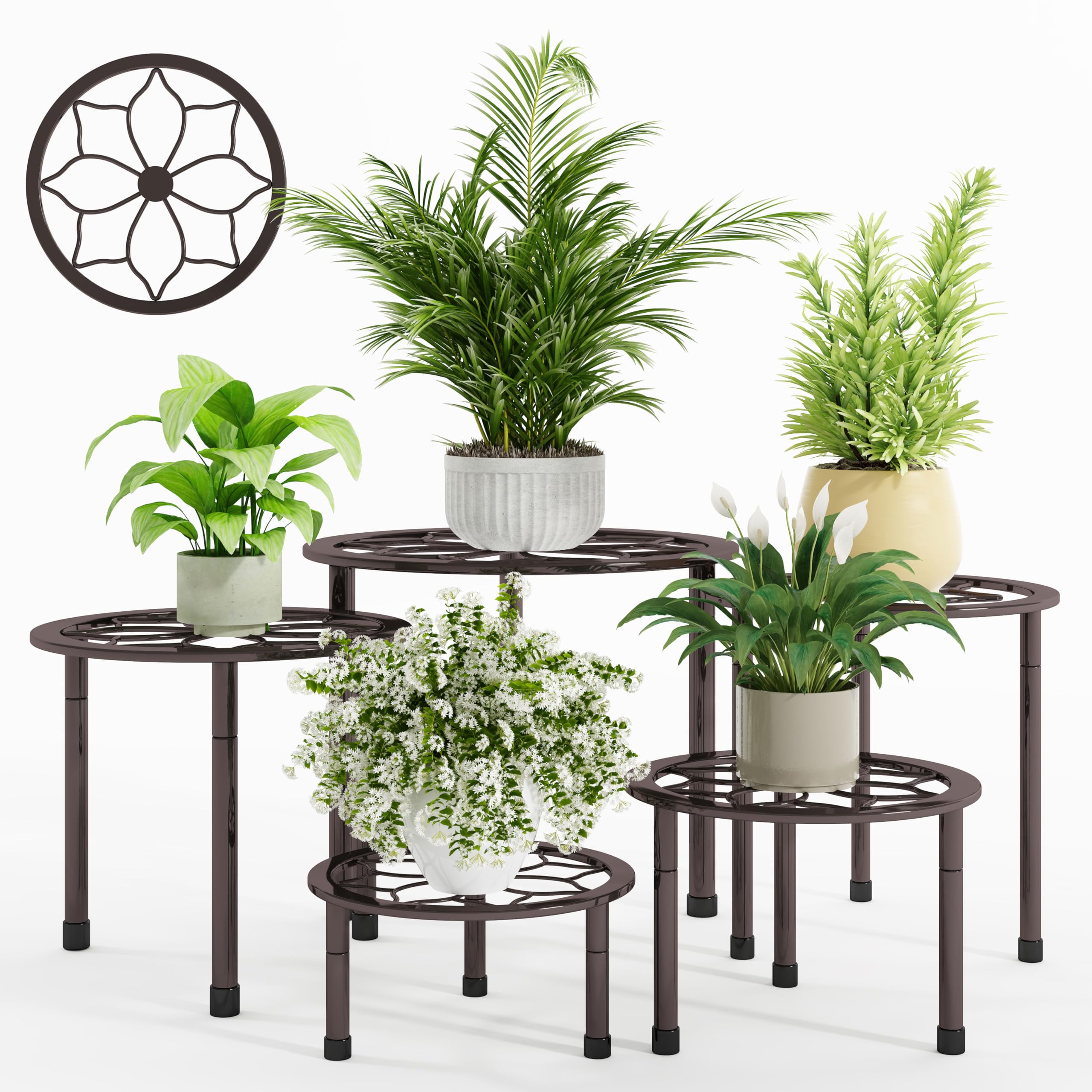 NUZZERO metal plant stand full view shows five heights for versatile displays.