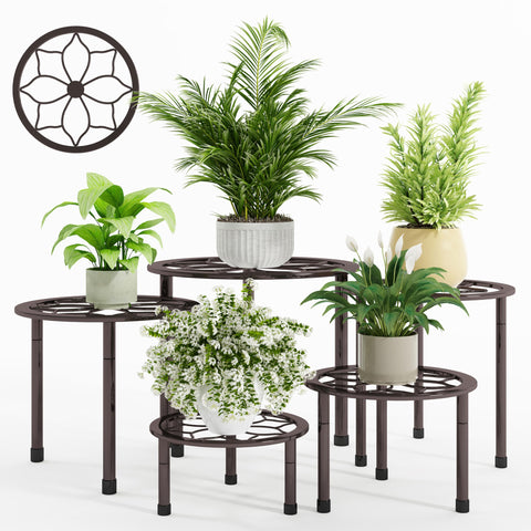 NUZZERO metal plant stand full view shows five heights for versatile displays.
