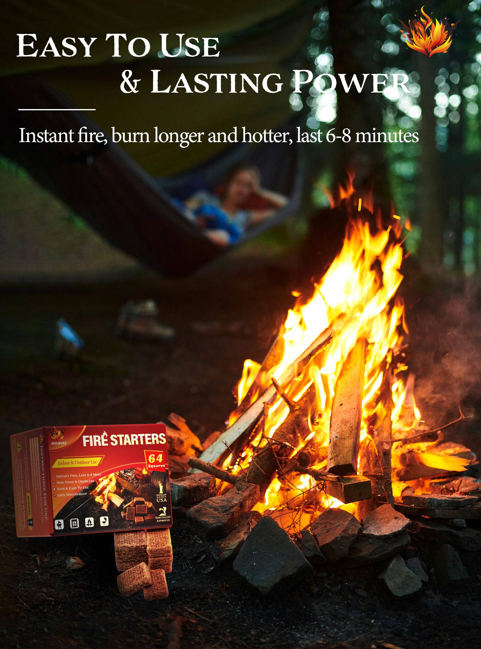 Nvkrvks fire starter cubes ignite easily for quick camping or grilling.