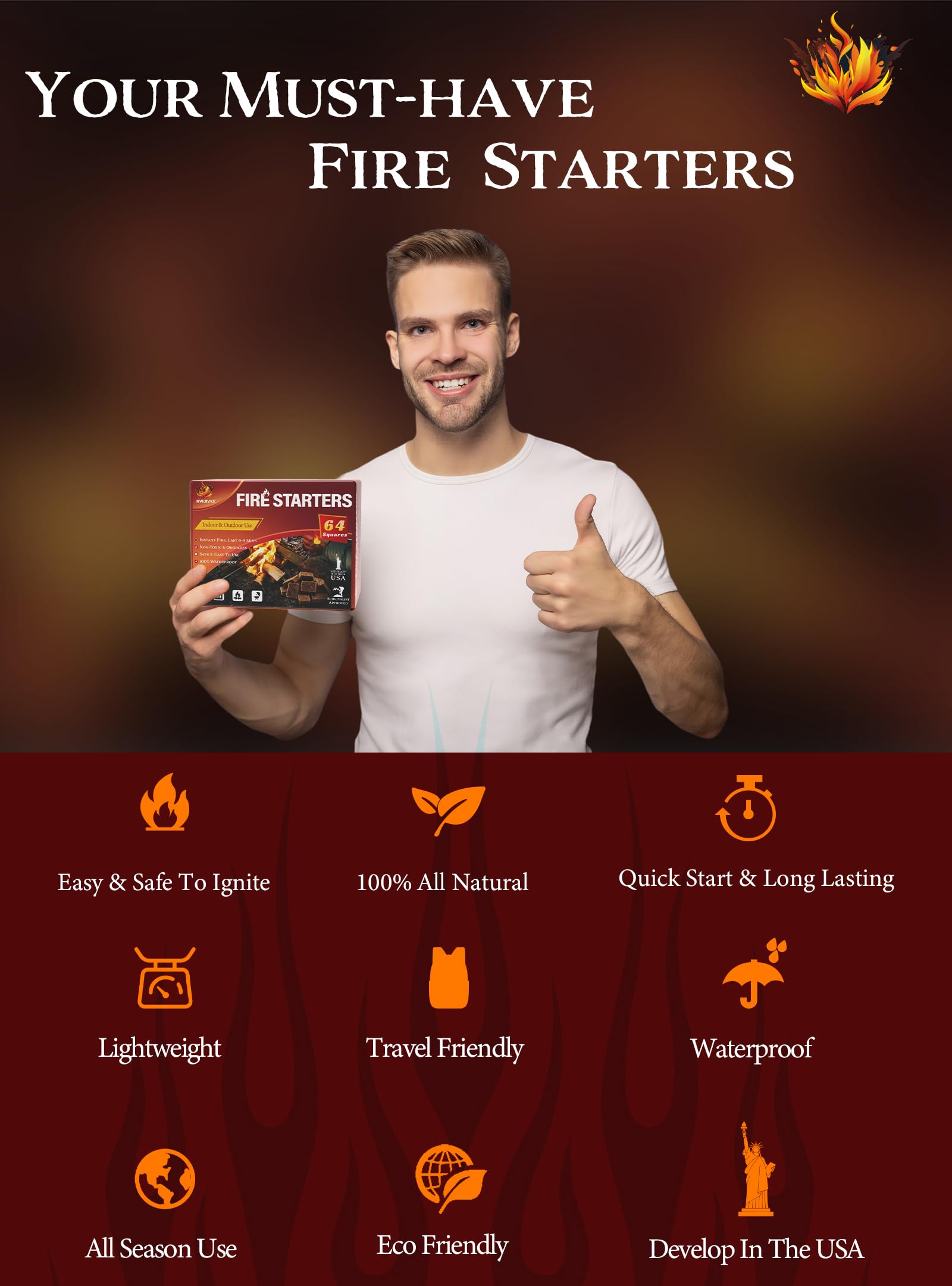 Nvkrvks fire starter cubes are waterproof and portable for outdoor adventures.