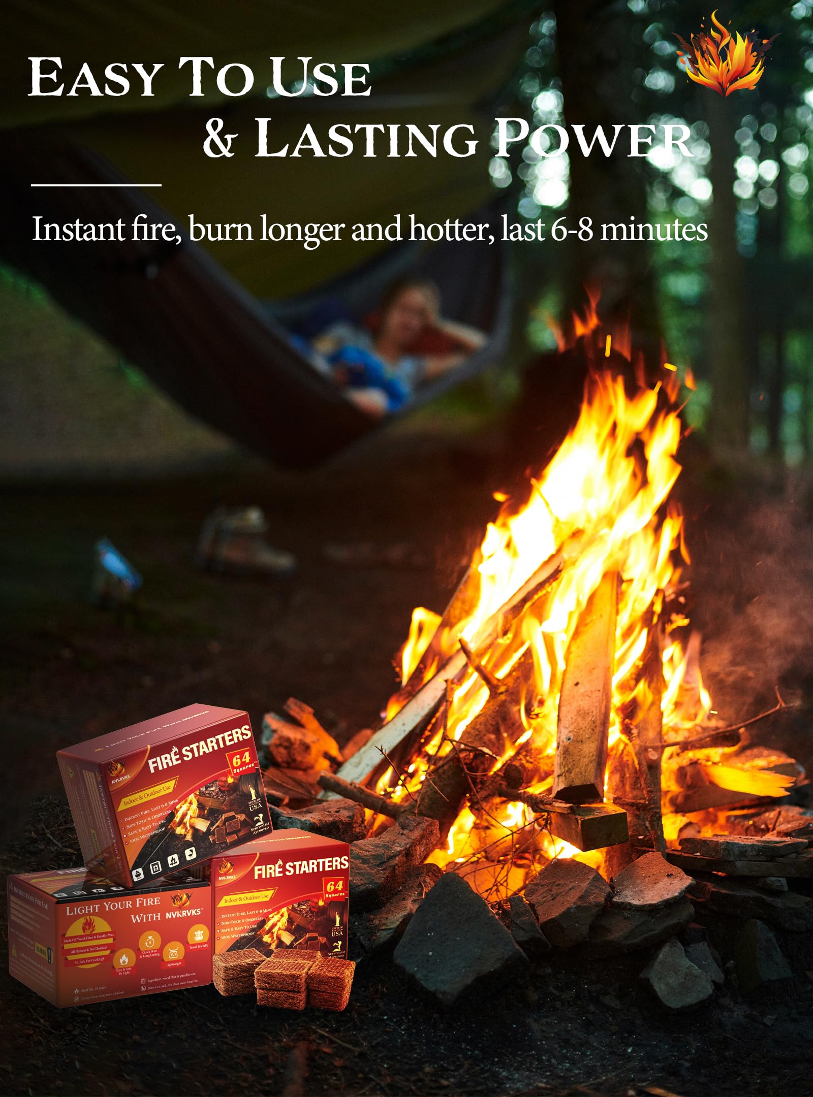 Nvkrvks Fire Starter Squares close-up shows natural wax cubes designed for odorless ignition.