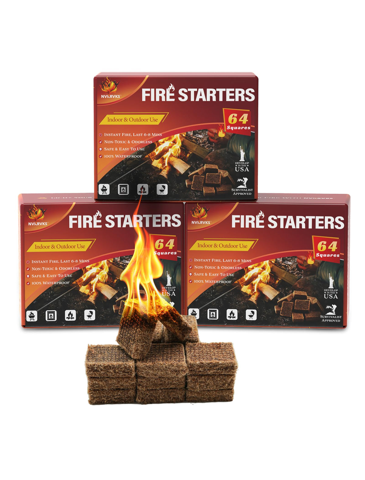 Nvkrvks Fire Starter Squares packaging for easy storage and quick access.