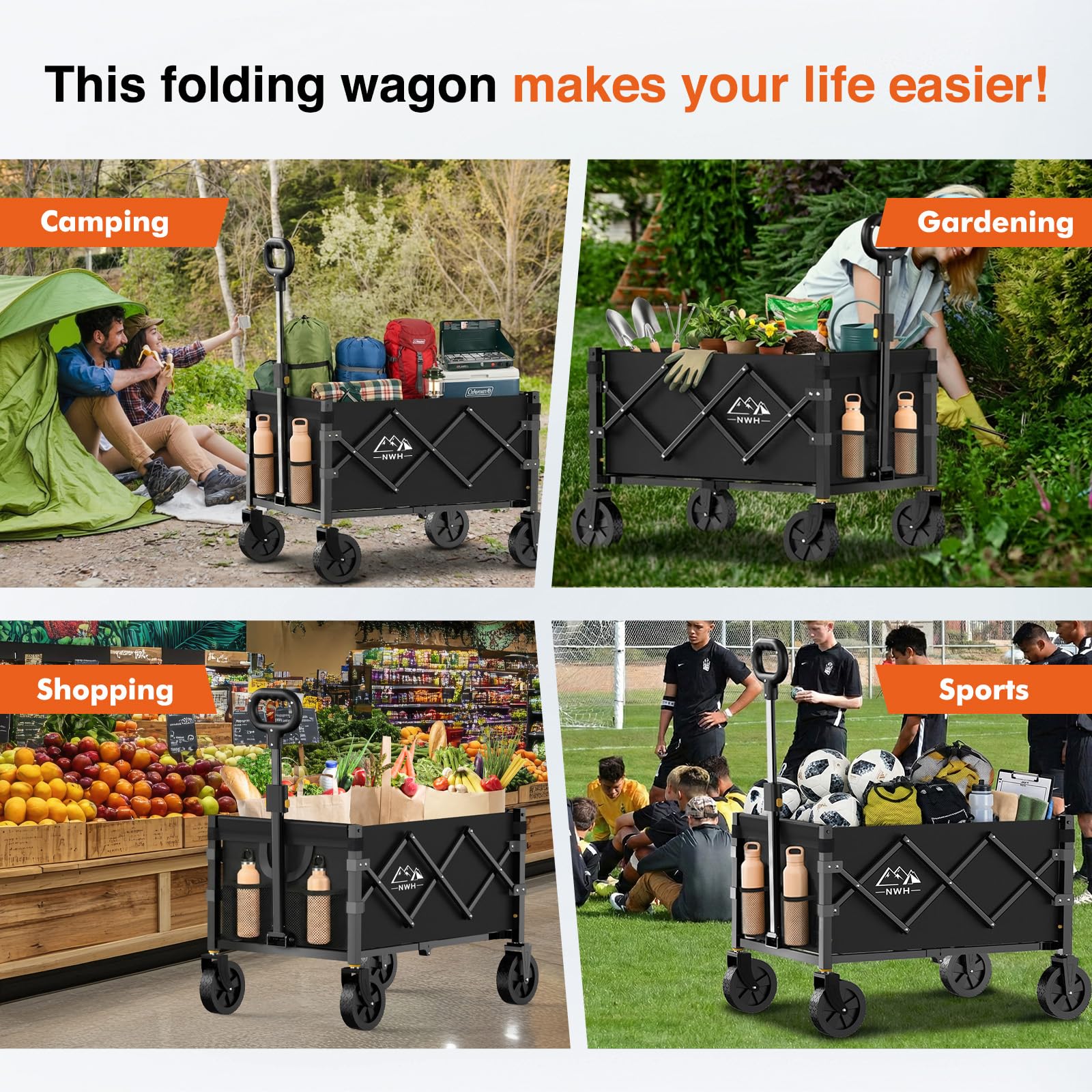 NWH collapsible wagon waterproof fabric protects gear.