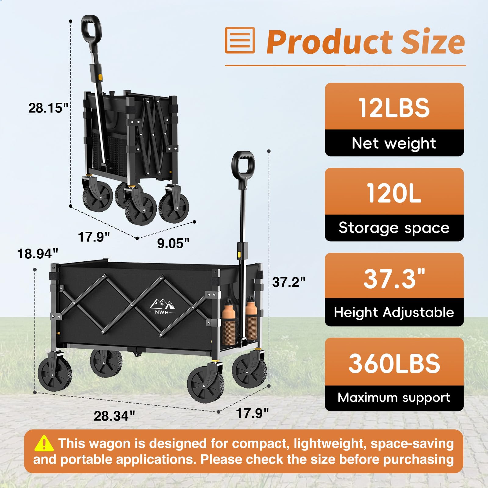 NWH collapsible wagon all-terrain wheels enable smooth steering.