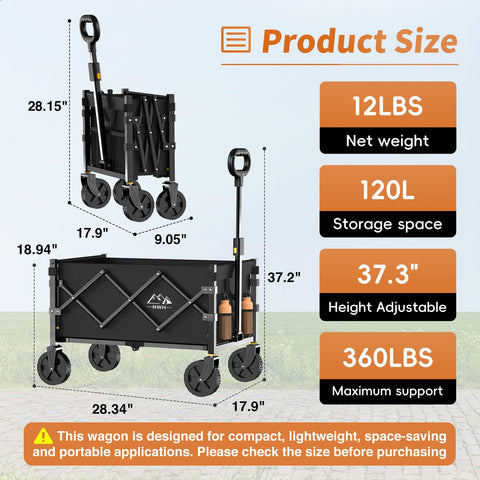 NWH collapsible wagon all-terrain wheels enable smooth steering.