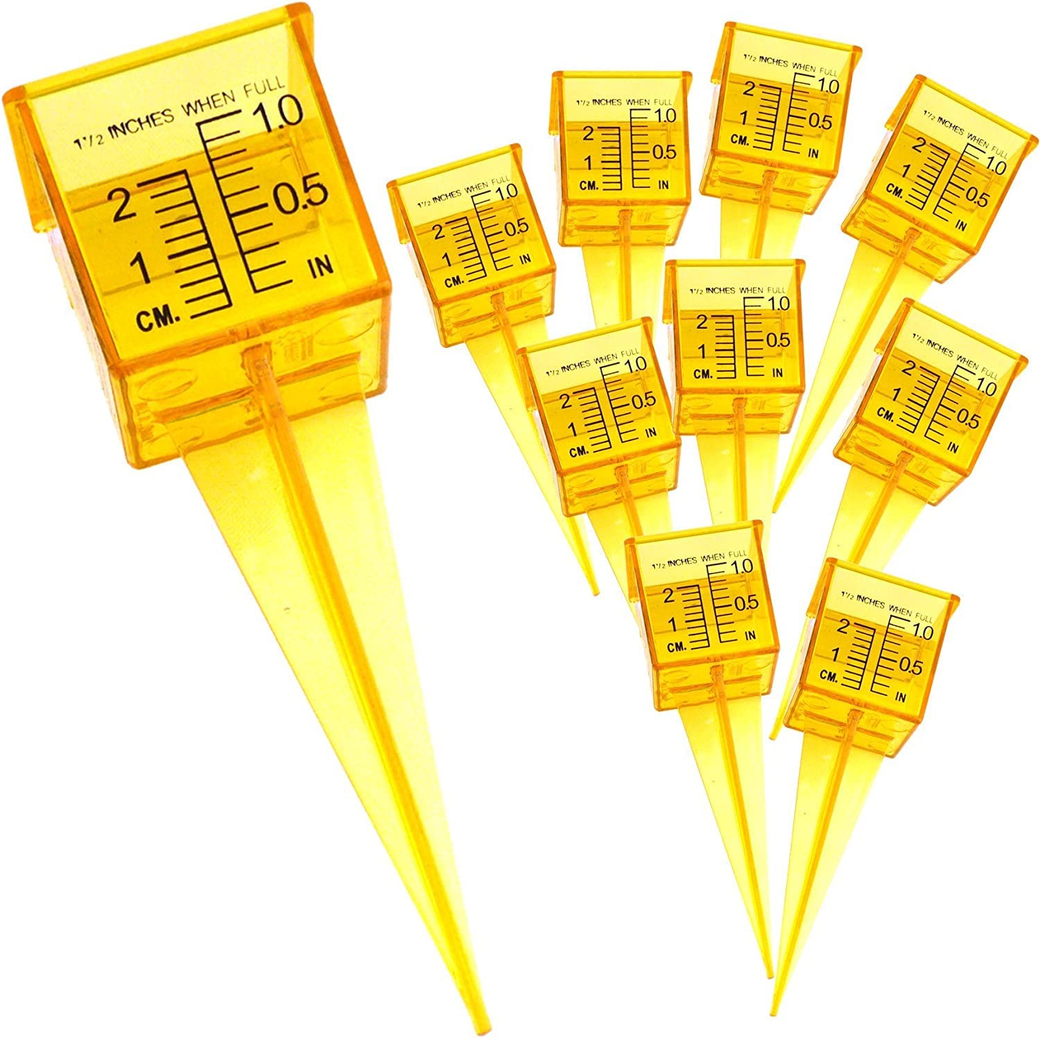 NYKKOLA 1.5-inch rain gauge with bright yellow housing for easy lawn watering checks.