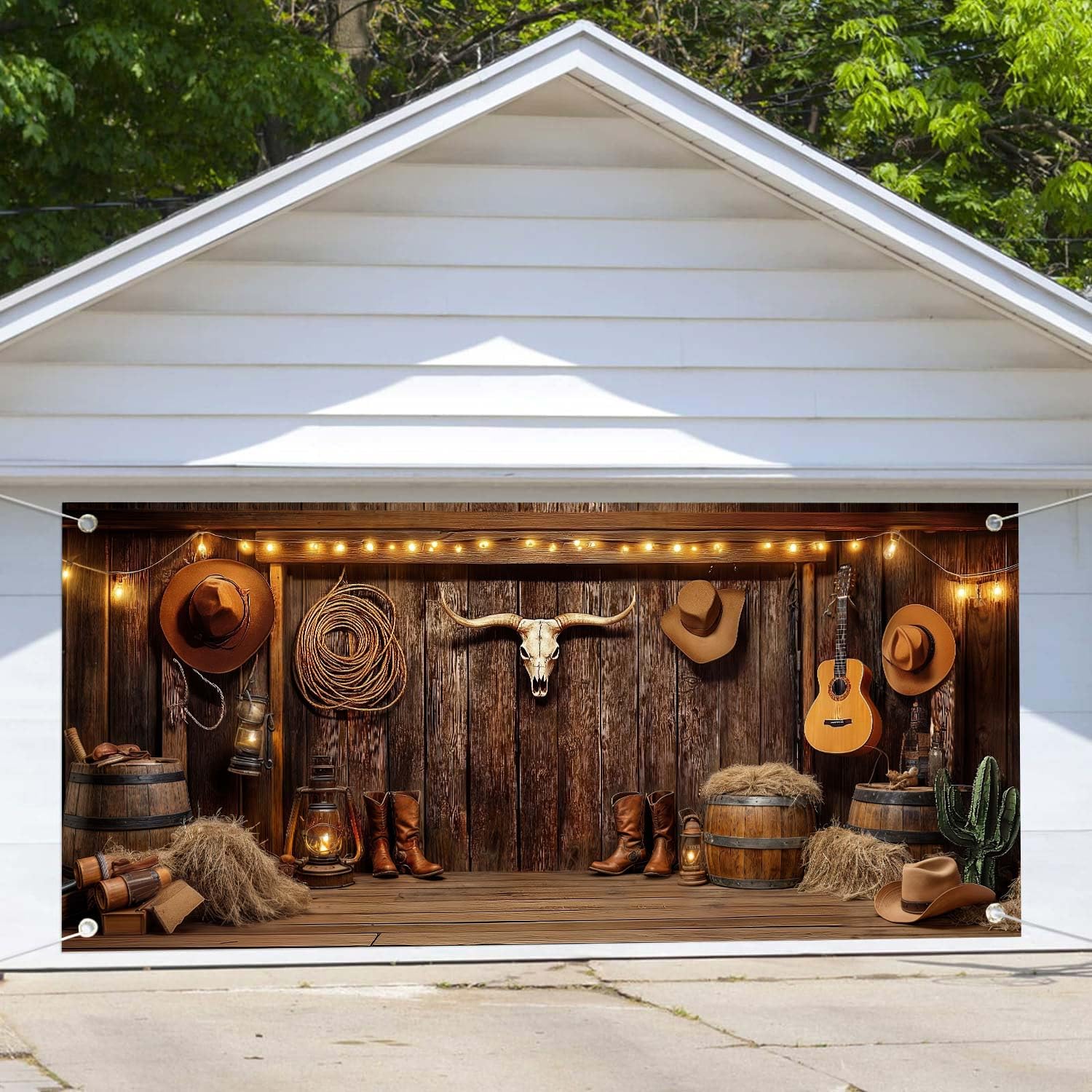 NYMB Western cowboy garage banner provides a vivid party backdrop for photos.