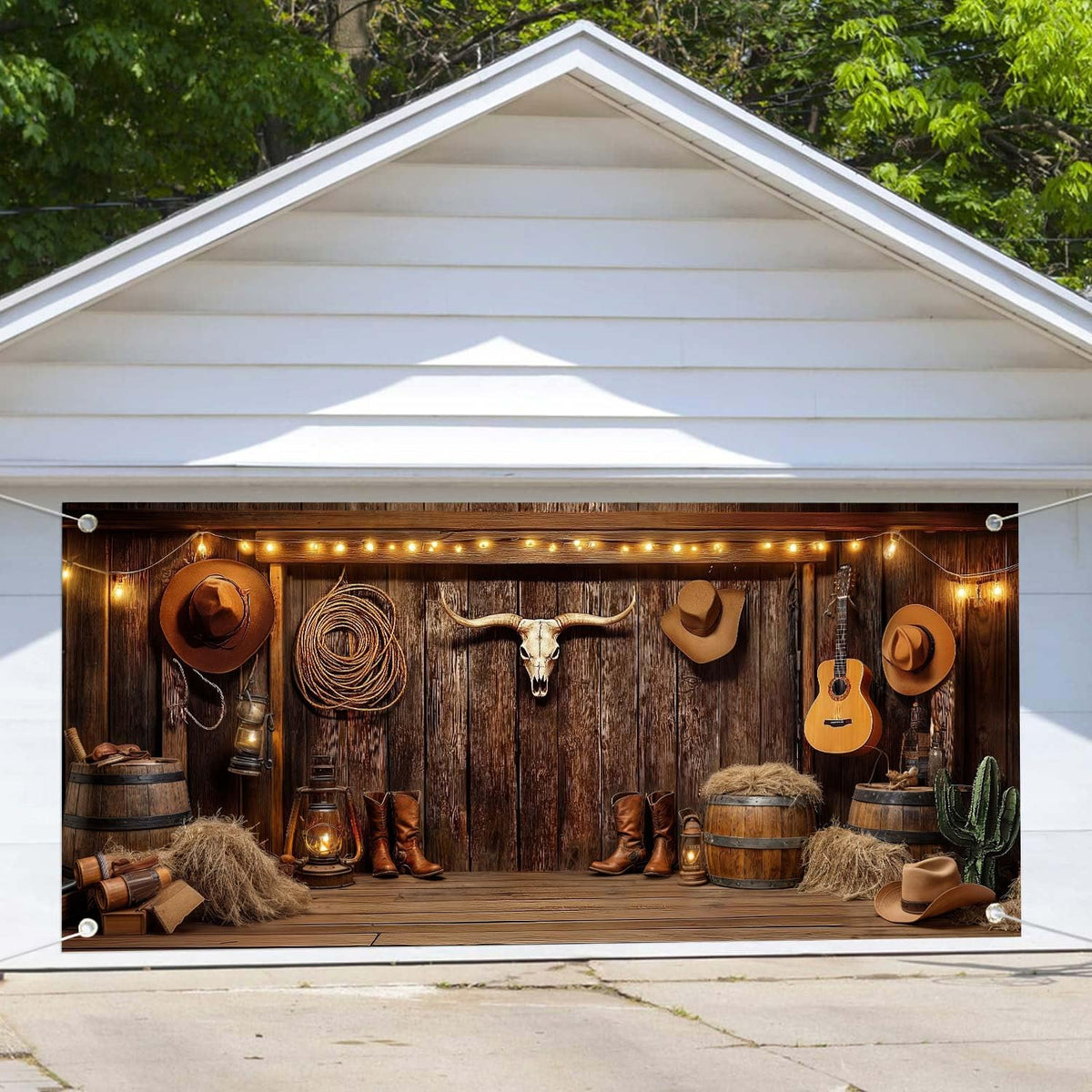NYMB Western cowboy garage banner provides a vivid party backdrop for photos.