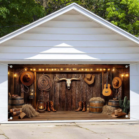 NYMB Western cowboy garage banner provides a vivid party backdrop for photos.