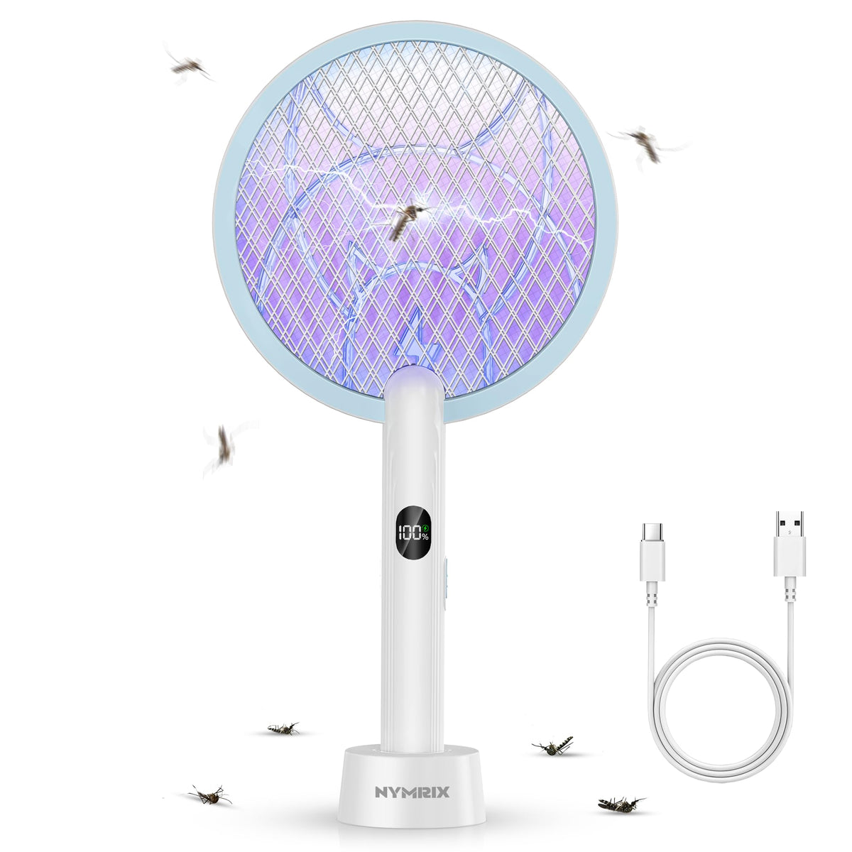 Nymrix electric fly swatter in front view showing compact handheld design for quick zaps.