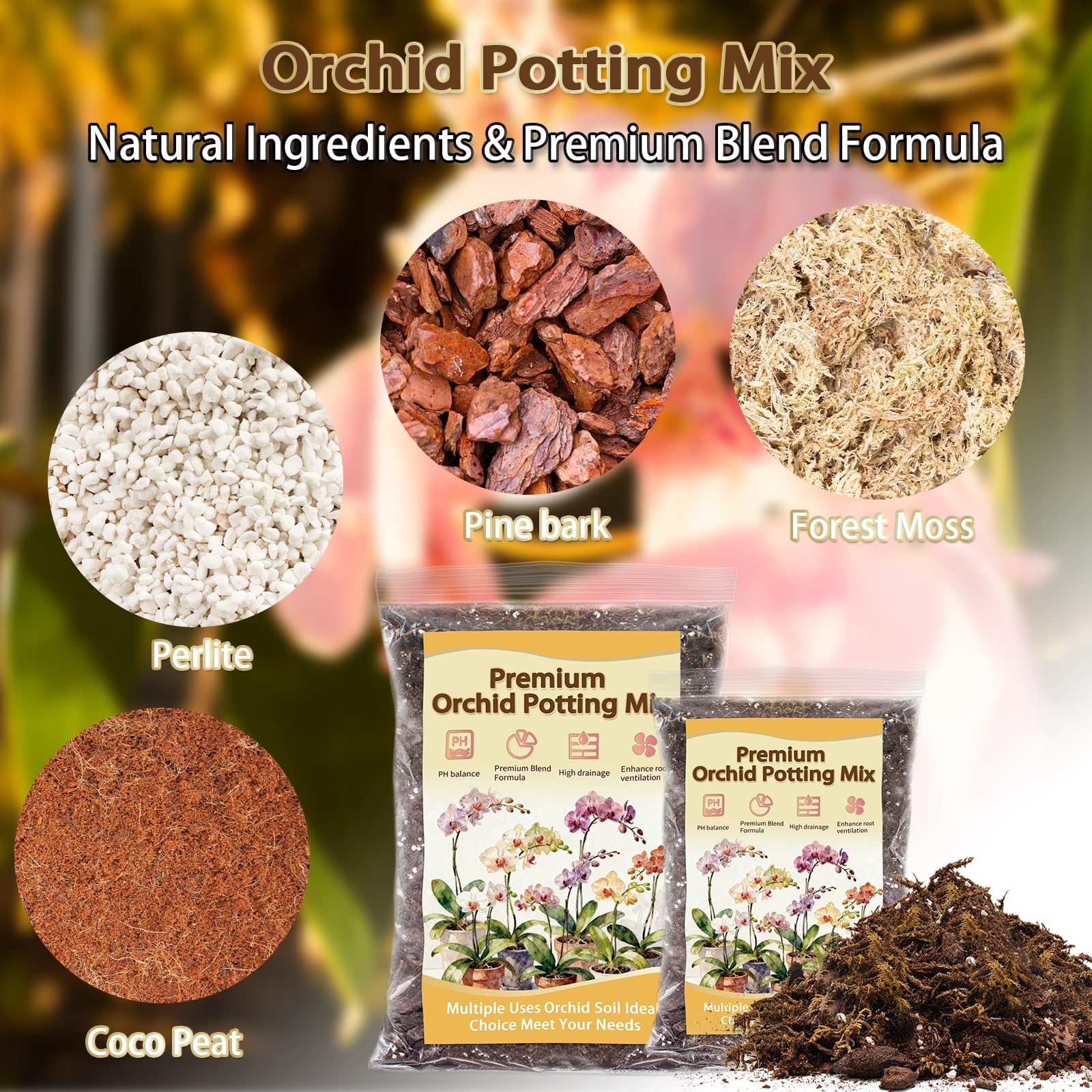 Nyobely Orchid Potting Mix close-up shows pine bark and perlite textures.