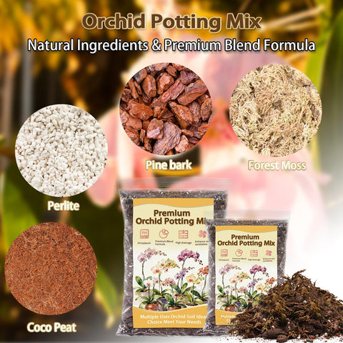 Nyobely Orchid Potting Mix close-up shows pine bark and perlite textures.
